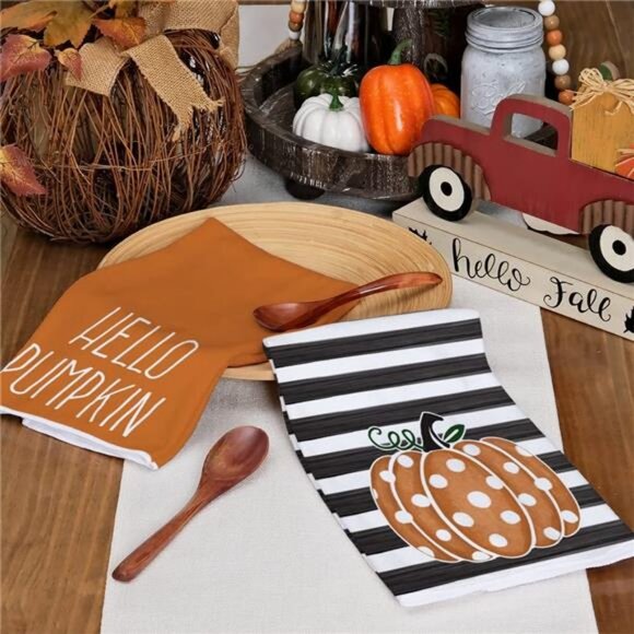 18x26" Orange Polka dot Stripes Hello Pumpkin Fall Autumn Dish Towels, Set of 2 - Picture 3 of 6